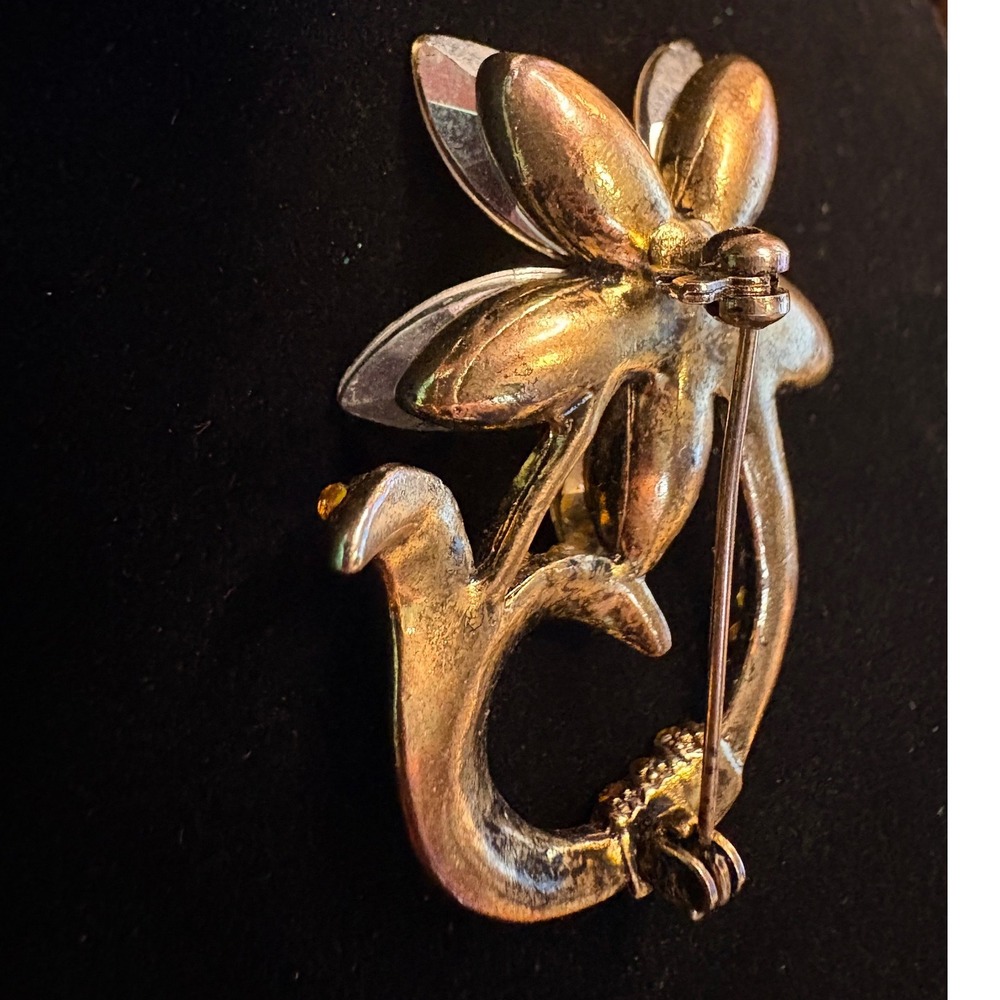 Vintage Amber Flower Brooch Antique Gold Tone Yellow Rhinestone Floral Pin - Picture 5 of 5